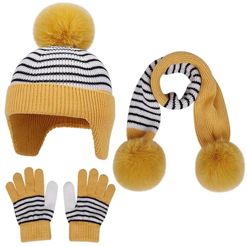 Baynetin Completo Invernale Bambini: Cappello con Paraorecchie in Lana, Sciarpa e Guanti Foderati in Pile con Pon Pon - Set Prima Infanzia 1-6 Anni‌ (Giallo)