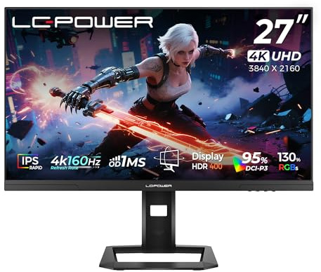 LC-POWER M27UFD 27 Zoll 4K UHD Gaming Monitor, Dual-Mode 4K (3840×2160) 160Hz | FHD 320Hz, 1ms OD, Rapid IPS, 130% sRGB, AdaptiveSync, HDR400, HDMI 2.1, DP 1.4, VESA