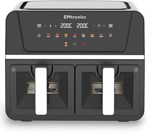 EMtronics 9L Dual Zone Air Fryer with Windows 2400W Family Size, 8 Preset Cooking Mode, Match Cook & Smart Finish Functions, 9 Litre - Black