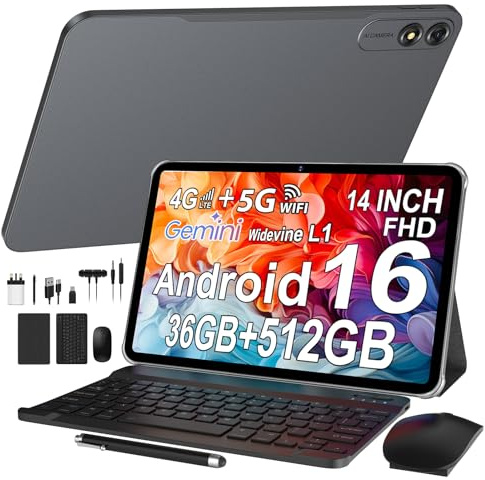 GAMORZE 14 Inch Tablet Android 16 Octa-Core 4G LTE/5G WiFi/13500mAh Battery/Widevine L1/2K INCELL FHD Android Tablets 36GB RAM+512GB ROM (2TB TF), Gaming Tablet with Keyboard, Gray