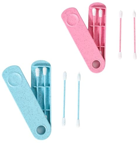 SWYZOR 4 Pcs Bastoncillos Oidos Cotton Swab Reutilizable Espiral de Doble Extremo Bastoncillos Reutilizables con 2 Soportes Viaje Verde y Azul para la Limpieza del Oído Maquillaje, ect