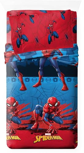 Disney Juego de Sábanas Infantil 3 Piezas Licencia Oficial Marvel (Encimera+Bajera+Almohada) 52% Algodón 48% Poliéster – Cama 90/105 (Cama 90cm, Spiderman)
