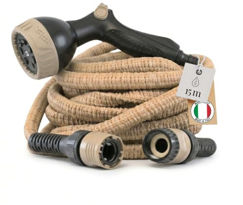 LIVLIG Manguera flexible 15 m Made in Italy – tubo extensible 1/2 con conectores y pistola multifunción – Beige