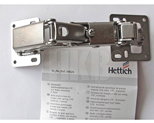 HKB ® 1 Stück Weitwinkel-Aufschraubscharnier mit Feder, 165° - 130°, über Verstellschraube einstellbar, keine Topfbohrung nötig, Hersteller Hettich, Artikel-Nr. 9024