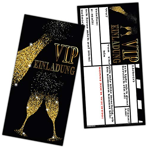 VIP EINLADUNG BUBBLES Kartenset XL (24 Stück) edle Einladungskarten in Schwarz & Gold für VIP Party Silvester Einweihung Geburtstag von BREITENWERK