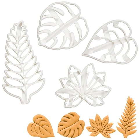 BAKERLOGY Set of 4 Leaves Cookie Cutters (Designs: Devils Ivy, Fern, Japanese Aralia, Monstera Leaf) - Detailed Biscuit Cutter Design for Baking and Crafts, Ideal on Fondant, Dough, Clay