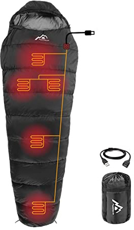 MANTUOLE Heated Sleeping Bag 5 Heating Zones, Operated with USB 5V/2A Battery or Other USB Power Supplies, Battery NOT Included, Mummy Style-Black.