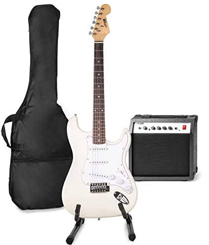 MAX GigKit E-Gitarre Set - Gitarrenverstärker 40 Watt, Gitarrenständer, Gitarrentasche, Stimmgerät, Instrumentenkabel, Gurt und Zubehör - Weiß