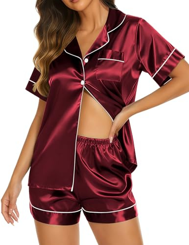 Ekouaer Satin Pajamas for Women Set Comfy Short Sleeve Sleepwear Button Down Pjs Silk Soft 2 Piece Sleeping Shorts Set,Burgundy,Medium