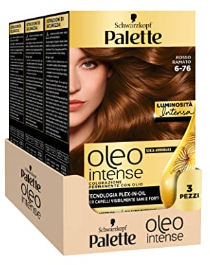 Schwarzkopf Palette Oleo, colorazione permanente copertura professionale capelli bianchi, Senza ammoniaca, 6-76 Rosso Ramato, confezione da 3