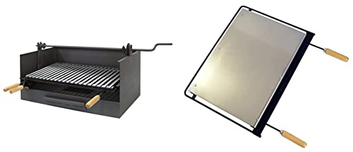 IMEX EL ZORRO 71519 - Cajón para Barbacoa con Elevador y Parrilla de INOX, 72 x 40 x 33 cm & Imex El Zorro 71618 - Plancha para barbacoa, hierro, Gris, 68 x 41 cm
