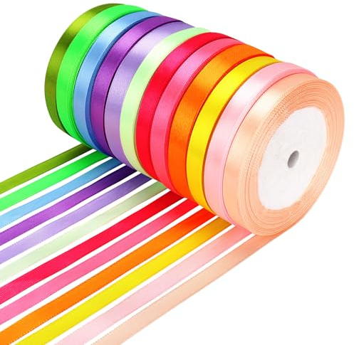 Dooozy Satinband Bänder, 12 Farben 10mm 22m Geschenkband Schleifenband für Geschenkverpackung, Kunsthandwerk, Haarschleifen, Blumenstrauß, Dekoration