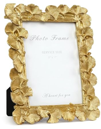 Cuspin 5x7 Picture Frame, Ornate Vintage Gold Photo Frame with Glass Front, Resin Ginkgo Leaf Textured Picture Frames for Tabletop or Wall Mount, Horizontal or Vertical