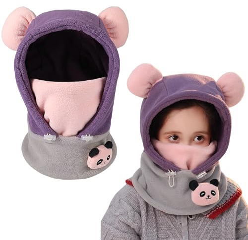 AYPOW Cagoule d'hiver Thermique Enfants, Cagoule Enfant Polaire Tour de Cou Chapeau Réglable Cache Cou Oreilles Bonnet Masque de Ski Balaclava Animal, Cagoule Hiver Garçon Fille pour Enfant 4-10 Ans
