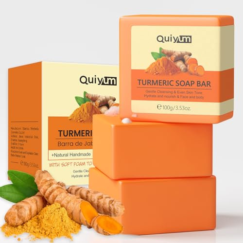 QUIYUM Savon Curcuma et Vitamine C Lot de 3, Nettoyant Visage et Corps, Anti-Taches, Équilibrant et Purifiant, Convient à Tous Types de Peau