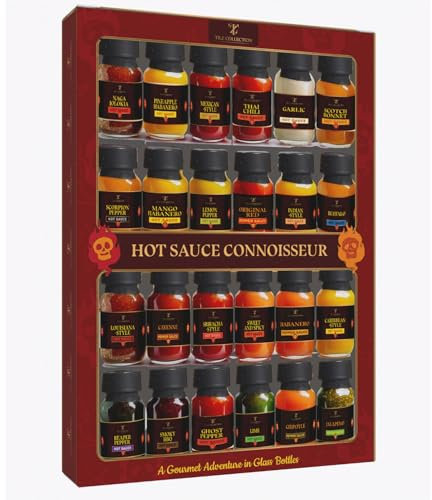 Tilz, Hot-Sauce-Geschenkset | 24er-Pack Hot-Sauce-Challenge, Chilisaucen-Geschenkset | Lebensmittelgeschenke für Männer | Frauen – Cayenne, Sriracha, Scotch Bonne, BBQ, Chipotle