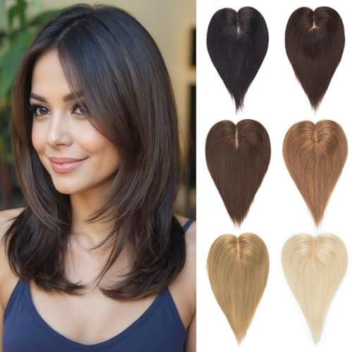 PARXITN Hair Toppers for Thinning Hair mit 3 Clips 25 cm Echthaar Pieces Freies Teil Spitze Basis Clip in Toupet für Frauen Mittelbraun gemischt Dunkelblond