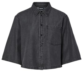 PIECES Pcjasmine - Camiseta Vaquera Recortada 3/4, Black Denim, M