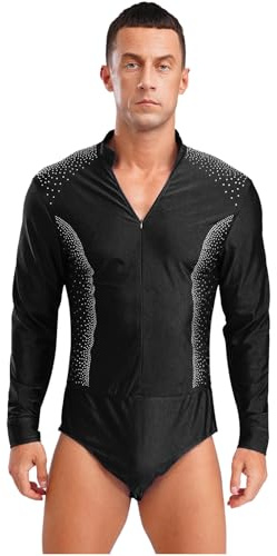 CHICTRY Body da Ballo Latino Americano Uomo Manica Lunga Jumpsuit Camicia con Scollo a V Balletto Body Leotards Danza Classica Abtio da Pattinaggio Artistico Nero M