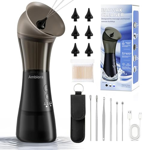 AMBIORA Ear Wax Removal with One-Piece Waste Tank, Ear Cleaner with Smart Temperature Sensor, Safe Silicone Edge, IPX7 & 6 Tips & 4 Modes, Christmas for Gifts for Dad Mom, Gifts for Men Women（Black）
