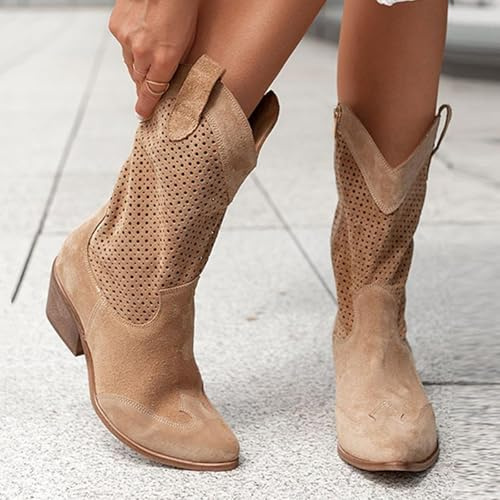 Generic Women's Brown Suede Cowboy Boots, Size 5 UK, Wide Calf, Pointed Toe, Winter, Comfortable, Easy On/Off