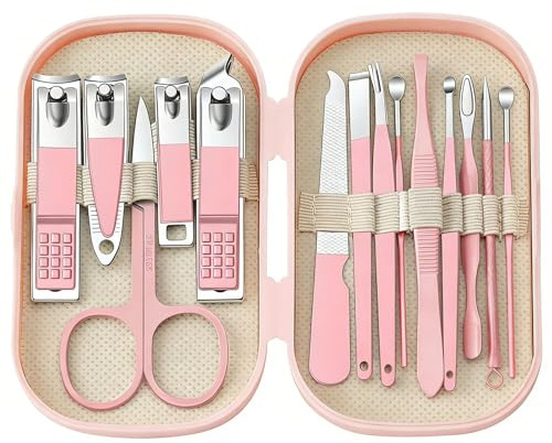 Set Manicure Pedicure 14 Pezzi Rosa Acciaio Inox Tagliaunghie Kit Unghie Portatile Scatola Plastica Viaggio Forbici Sopracciglia Lima Leva-Comedoni Casa