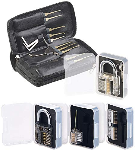 AGT Profi-Lockpicking: Lockpicking-Set mit 30-teiliger Dietrich-Tasche & 4 Übungs-Schlössern (Übungsschloss, & Übungsschloss-Set, Picking)