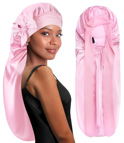 BONNET QUEEN Bonnet Satin Cheveux Longs Nuit Extra Long Bonnet Nuit Anti-Glisse avec Long Bandeau Réglable, Protection Anti-Frisottis pour Cheveux Très Longs, Tresses, Locks & Extensions,Rose