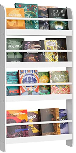 FOREHILL Kids Bookcase Wall Mounted Bookshelf 4 Tier Children's Book Organizer Display Storage Rack Wooden for Children's Room Nursery 58x12x111cm White