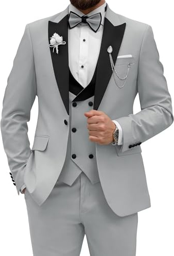 Wangyue Men's Tuxedo Suit 3 Piece Slim Fit Suit for Men Tuxedo for Men Wedding Party Dinner Prom, Sliver Gray, L