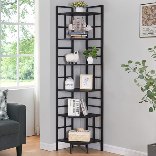 HOMISSUE Corner Shelf, 6 Tier Tall Narrow Bookshelf 76.9, Industrial Corner Bookcase with Storage for Home Office Living Room and Bedroom, Black