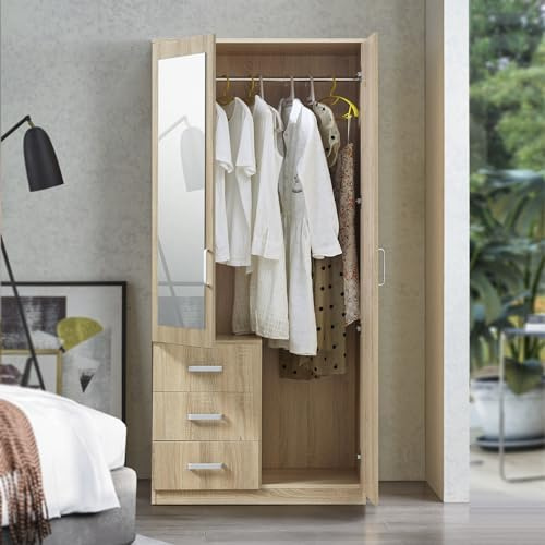 [en.casa] Kleiderschrank Bodolz Schrank mit 2 Türen Garderobenschrank mit Spiegel 176 x 80 x 52 cm Schlafzimmerschrank 1 Kleiderstange 3 Schubladen Sonoma-Eiche