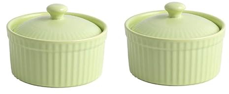 Lot de 2 ramequins en céramique avec couvercles, ramequins en porcelaine et plats soufflés, bols à trempette, petits ramequins pour ramequins à crème brûlée, passent au micro-ondes 8.4x6.4cm green