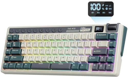 RK ROYAL KLUDGE M70 Wireless Mechanical Keyboard with Macro Keys 2.4GHz/Bluetooth/Wired 75% Gaming Keyboard with 6000mAh Battery Gasket-Mount Display & Knob RGB Hot-Swappable US Layout Beige Switch