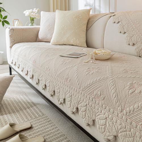 XSlive Cotton Quilted Dog Couch Cover for Sofa Farmhouse Rustic Embroidery Sectional Couch Cover Soft Anti-Slip Sofa Slipcover Furniture Protector for Kids, Pets (Khaki,28x28)