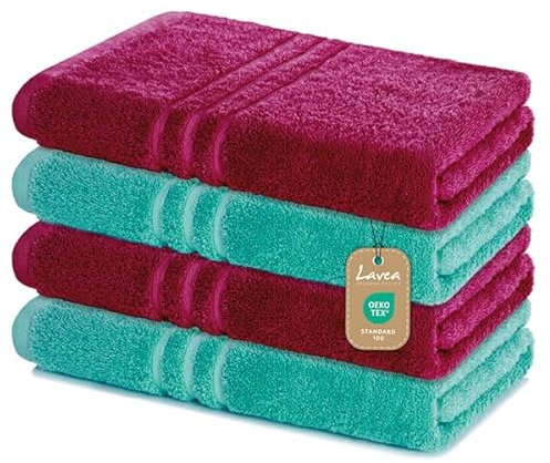 Lavea Duschtücher 4er Set – 70x140 cm – 100% Baumwolle – Weiche & Saugfähige Frottee Handtücher – 500 g/m² – Einfarbig & Zweifarbig – ÖKO-TEX Zertifiziert – Waschbar bis 60°C - Bordeaux & Türkis