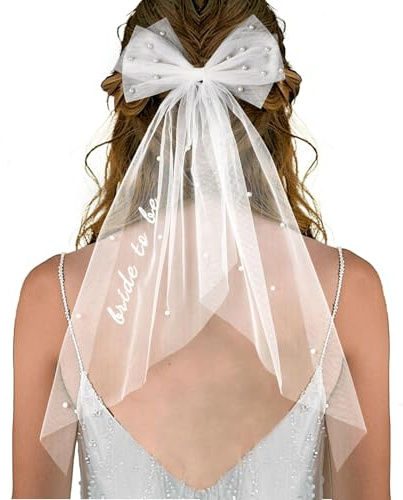 Bride to Be Veil White Double Layered Hair Bow Veil Bridal Shower Tulle Pearl Bow Veils Wedding Bowknot Decorations Hen Party Veils for Bachelorette Party Wedding Decorations Engagement Accessories
