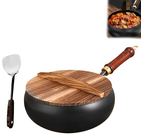 Poêle japonaise en fer forgé avec couvercle en bois, poêle en fer sans revêtement, poêle antiadhésive, poêle à frire en fer de haute pureté avec fonction de maintien au chaud(With wooden lid and shove