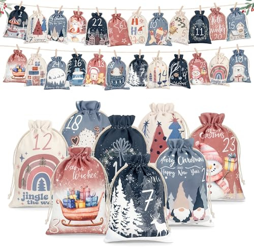 Beifon Calendario de Adviento 2025 para rellenar, tamaño grande, 21 x 15 cm, 24 bolsas para calendario de Adviento, bolsas para rellenar tú mismo, bolsas de tela, bolsas de tela, decoración de Navidad