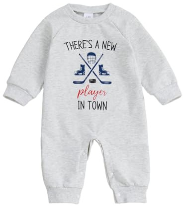 SHUING Baby Boy Girl Hockey Outfit New Player in Town Crew Neck Long Sleeve Daddy Hockey Jumpsuit Newborn Fall Winter Clothes (Gray, 0-3 Months)