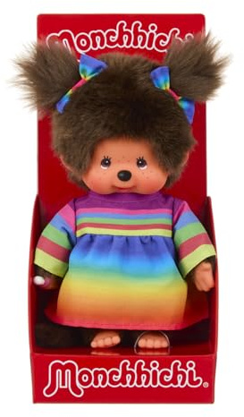 Sekiguchi 204090 – Original Monchhichi-flicka med regnbågsklänning, ca 20 cm stort gosedjur av brun plysch