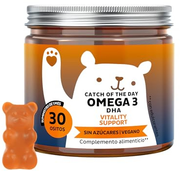 Omega 3 DHA - Catch Of The Day Vitality Support - Sin Pescado - con Vitamina C y E, Aceite Microalga - Sistema Inmunitario - 30 unidades (1 mes) - Sin Azúcares, Vegano - Bears with Benefits