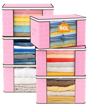 KALAHOL 90L Large Capacity Clothes Storage Bags with Zips, Storage Boxes with Lids, Reinforced Handle, Foldable, Thick Fabric, for Comforters, Clothes, Blankets, Bedding, 6 Pack, Pink