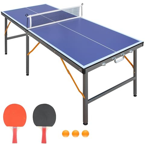 Vikbar bordtennisplatta 137 cm – bordtennisset med nät och 2 racketar, blå MDF-platta, U-formade metallben, halkfri, utrymmesbesparande, för inomhus och utomhus, barn och vuxna