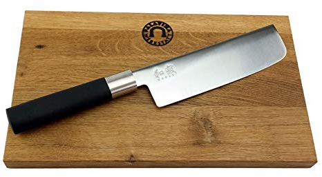 KAI Wasabi Black Coffret cadeau | Couteau Nakiri japonais ultra tranchant | + planche à découper massive en vieux fût 25 x 15 cm | VK : 88,95 €