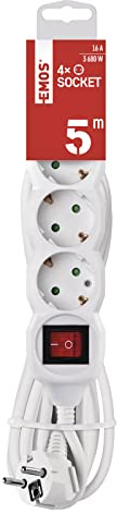 EMOS - 4-fach Steckdosenleiste 5m mit Schalter - 4 Schuko-Steckdosen 45° gedreht - 250 V, 16 A, 3680 W - PVC-Isolierung - H05VV-F3G 1,5 mm2 - erhöhter Berührungsschutz - IP20 für Innen - weiß