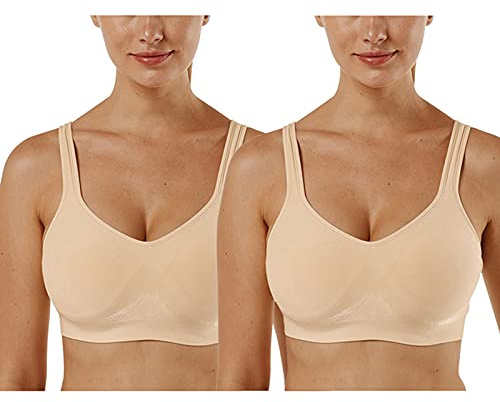 Vertvie Dam 1/2/3-pack sportbh, enfärgad utan bysthållare, klassisk bekväm stretch bh, medel stöd, vadderad, må-bra-bh, 2 stycken beige, 3XL