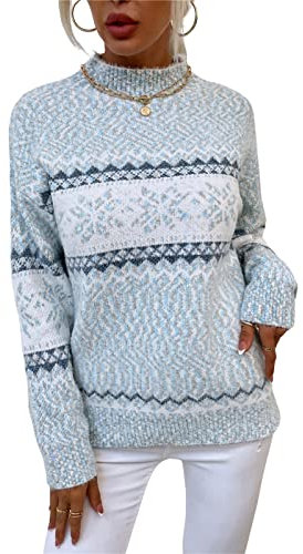 KANDEMY Damen Weihnachtspullover mit kleinem Stehkragen Christmas Pullover Warm Strickpullover mit Streifen Schneeflocken Winter Pullis für Frauen Oberteile Langarm Mode02-Blau L