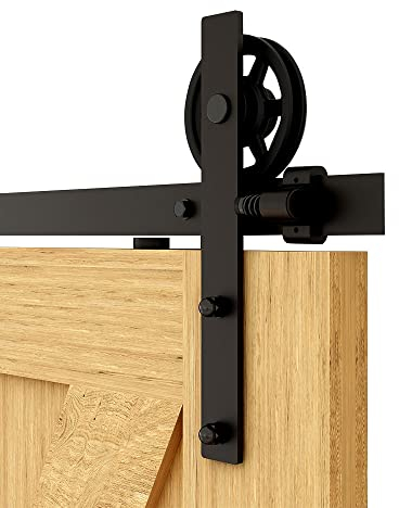 Schiebetürbeschlag 203cm Schiebetüren Schiebetürsystem Komplettset Laufschiene Rollen Set Schwarz für 1 Holztür 101cm Breit, Mittlere Rolle in I-Form