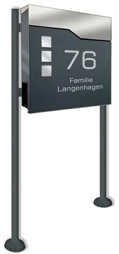 Briefkasten in anthrazit incl. Standfuß und Beschriftung - aus pulverbeschichtetem Stahl mit Zeitungsrolle und Sichtfeldern